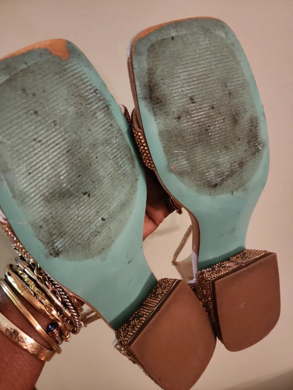 Betsy Johnson Grant Rose Gold Crystal Embellish Ankle-Strap Block Heel Sandals